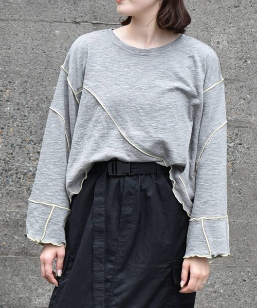 Bleu Bleuet（ブルーブルーエ）の「【ZOZO限定】配色メローショートトップス（Tシャツ/カットソー・レディース・ベージュ/オフホワイト/グレー・FREE）」の9枚目の写真