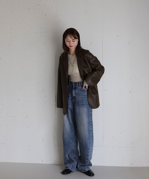 Reurie'（レウリィ）の「フェイクレザーテーラードジャケット / 大人カジュアル モード きれいめ シンプル オーバーサイズ クール アウター 合皮（テーラードジャケット・レディース・ブラウン/ブラック・FREE）」の21枚目の写真