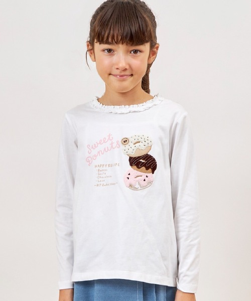 長袖Tシャツ ホワイト ドーナツプリント セール】ドーナツ柄アップリケ 長袖Tシャツ（Tシャツ/カットソー）｜KP