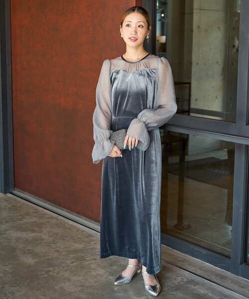 限定展開 オーガンジー ベロア 切り替え パフスリーブ ワンピース