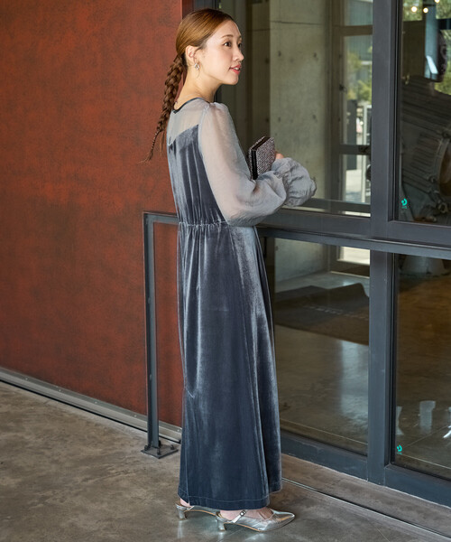 限定展開 オーガンジー ベロア 切り替え パフスリーブ ワンピース