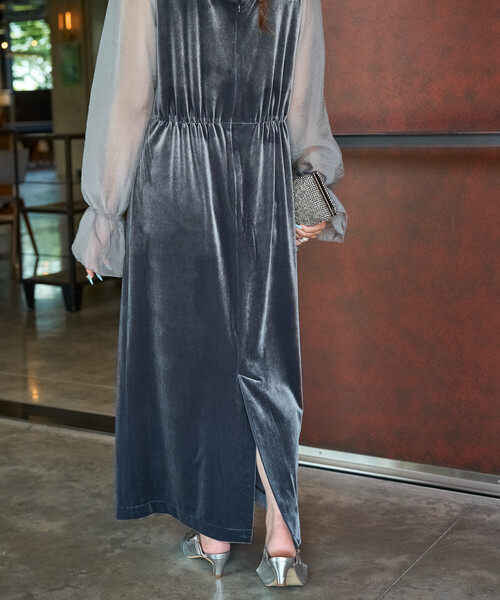 限定展開 オーガンジー ベロア 切り替え パフスリーブ ワンピース