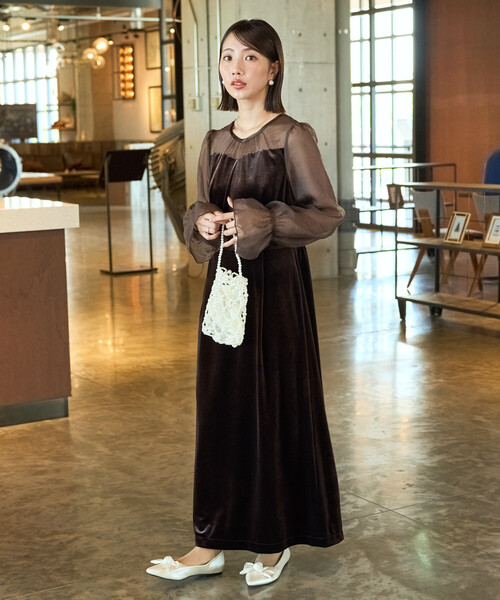 限定展開 オーガンジー ベロア 切り替え パフスリーブ ワンピース