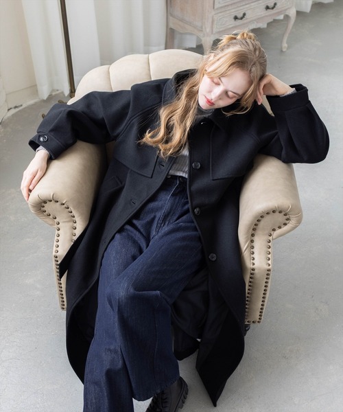 CLEAR BASIC（クリアベーシック）の「フェイクウールスタンドカラーロングコート[オフィスカジュアル 着回し抜群 大人]（その他アウター・レディース・アイボリー/ブラック・F）」の7枚目の写真