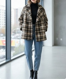 レディースのノーカラージャケット（ブラウン/茶色系・チェック柄