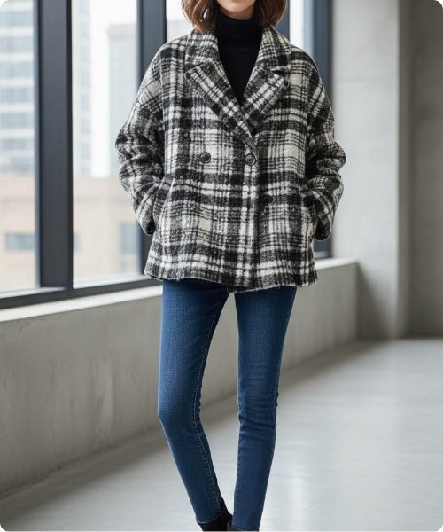 セール】ニュアンスチェックのリラックスジャケット（ノーカラー