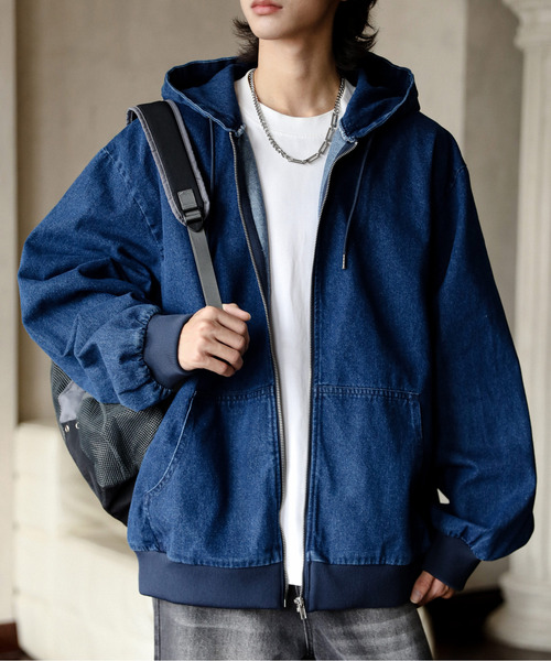 neos(ネオス)の「【neos】ルーズシルエット ヴィンテージライク ツイル デニム 迷彩 ジップ パーカー フードジャケット(パーカー・メンズ・ブラック/サックスブルー/ブルー/キャメル/カモフラージュ・MEDIUM/LARGE/X-LARGE)」の3枚目の写真