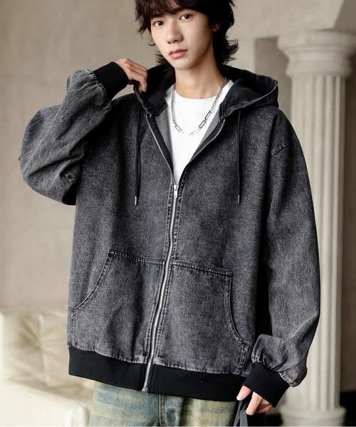 neos(ネオス)の「【neos】ルーズシルエット ヴィンテージライク ツイル デニム 迷彩 ジップ パーカー フードジャケット(パーカー・メンズ・ブラック/サックスブルー/ブルー/キャメル/カモフラージュ・MEDIUM/LARGE/X-LARGE)」の2枚目の写真