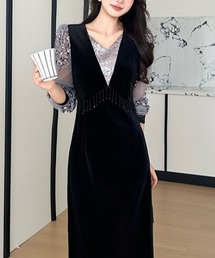 異素材ドッキングスパンコールベロアワンピース