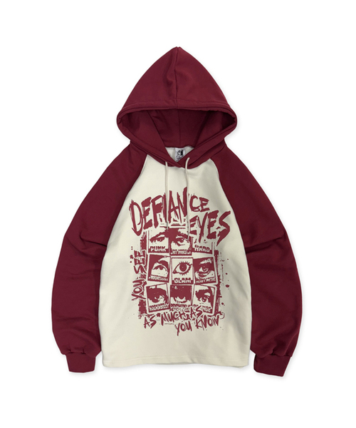 DEFYCLUBROBBERS(ディファイクラブロバース)の「Defiance Eyes reglan Hoodie (2color)(パーカー・レディース・バーガンディー/ブラック・MEDIUM/LARGE)」の1枚目の写真