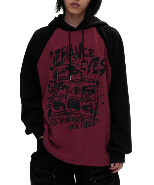 DEFYCLUBROBBERS(ディファイクラブロバース)の「Defiance Eyes reglan Hoodie (2color)(パーカー・レディース・バーガンディー/ブラック・MEDIUM/LARGE)」の4枚目の写真
