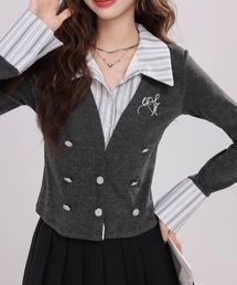 CANVAS+（キャンバスプラス）の「【CANVAS＋】ストライプシャツレイヤード風カーディガン（カーディガン/ボレロ）」