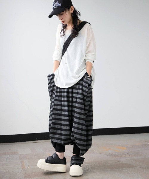 セール】ボーダー柄 ワイド ロング サルエルパンツ（その他パンツ