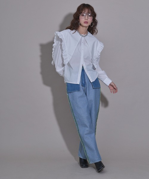 bohmal（ボマール）の「マルチウェイフリルカラーブラウス（シャツ/ブラウス・レディース・ホワイト/ブルー・MEDIUM）」の4枚目の写真