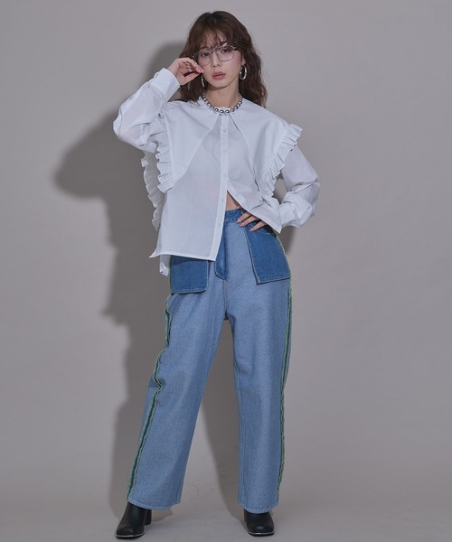 bohmal（ボマール）の「マルチウェイフリルカラーブラウス（シャツ/ブラウス・レディース・ホワイト/ブルー・MEDIUM）」の5枚目の写真