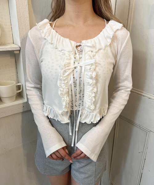 PHILLY（フィリー）の「針抜きフリルカーディガン（カーディガン/ボレロ・レディース・ホワイト/グレー・FREE）」の2枚目の写真