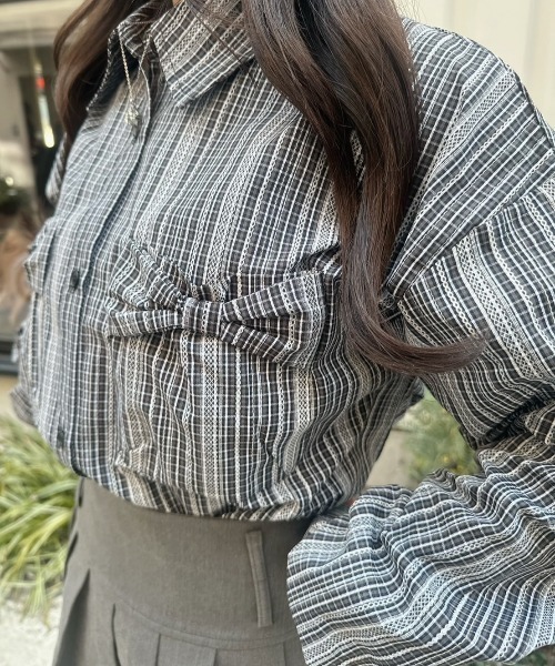 nemne store(ネンネストア)の「チェックリボンレースptブラウス(シャツ/ブラウス・レディース・ブラック系/ブラウン系/サックスブルー系・SMALL/MEDIUM)」の6枚目の写真