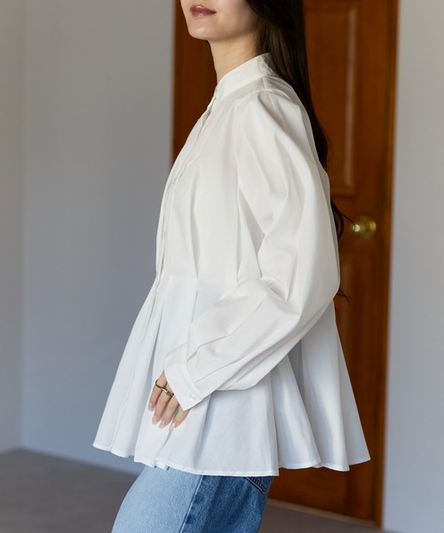 PREFERIR（プレフェリール）の「【きれいめ×体型カバー】ウエストタック  バンドカラー ブラウス/ヒップカバー・長袖（シャツ/ブラウス・レディース・ブラック/オフホワイト/ブルー・FREE）」の4枚目の写真