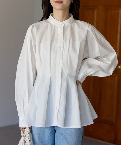 PREFERIR（プレフェリール）の「【きれいめ×体型カバー】ウエストタック  バンドカラー ブラウス/ヒップカバー・長袖（シャツ/ブラウス・レディース・ブラック/オフホワイト/ブルー・FREE）」の5枚目の写真