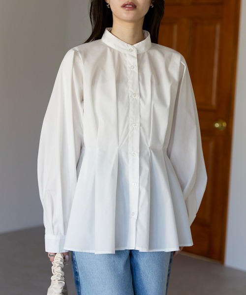 PREFERIR（プレフェリール）の「【きれいめ×体型カバー】ウエストタック  バンドカラー ブラウス/ヒップカバー・長袖（シャツ/ブラウス・レディース・ブラック/オフホワイト/ブルー・FREE）」の6枚目の写真