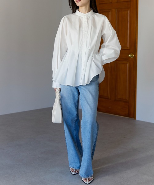 PREFERIR（プレフェリール）の「【きれいめ×体型カバー】ウエストタック  バンドカラー ブラウス/ヒップカバー・長袖（シャツ/ブラウス・レディース・ブラック/オフホワイト/ブルー・FREE）」の10枚目の写真