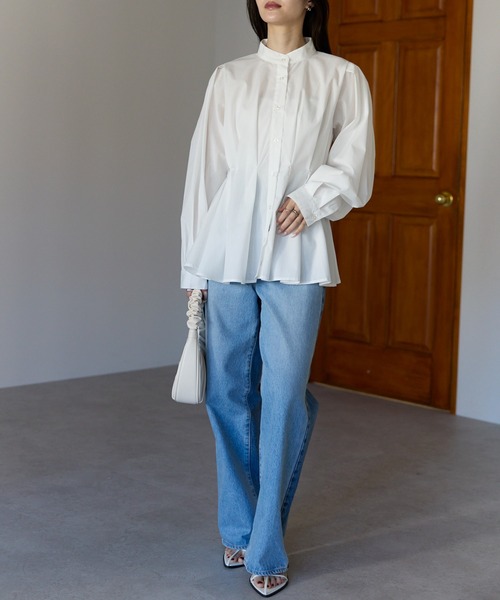 PREFERIR（プレフェリール）の「【きれいめ×体型カバー】ウエストタック  バンドカラー ブラウス/ヒップカバー・長袖（シャツ/ブラウス・レディース・ブラック/オフホワイト/ブルー・FREE）」の11枚目の写真