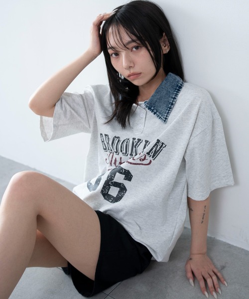 WEGO(ウィゴー)の「WEGO/【26年春夏新作】デニム襟付きロゴT(ポロシャツ・レディース・杢グレー/ネイビー・FREE)」の1枚目の写真