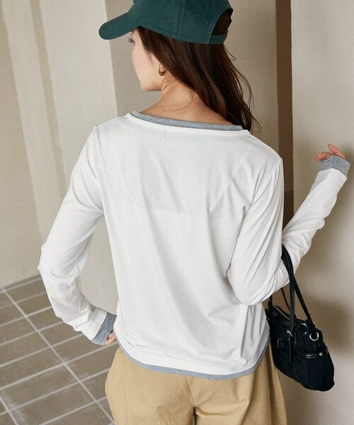 PUBLUX(パブリュクス)の「PUBLUX/パブリュクス ヘンリーネック レイヤード ロンT 限定展開(Tシャツ/カットソー・レディース・オフホワイト/グレー/ネイビー/チャコールグレー・フリ-)」の6枚目の写真