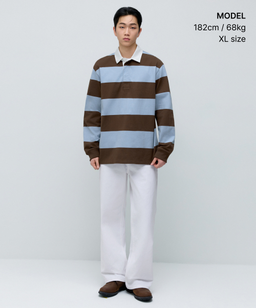 MUSINSA STANDARD（ムシンサスタンダード）の「リラックスドストライプラグビーシャツ [ブラウン/ライトブルー]（ポロシャツ・メンズ・その他・X-LARGE/2XL/3XL/SMALL/MEDIUM/LARGE）」の2枚目の写真