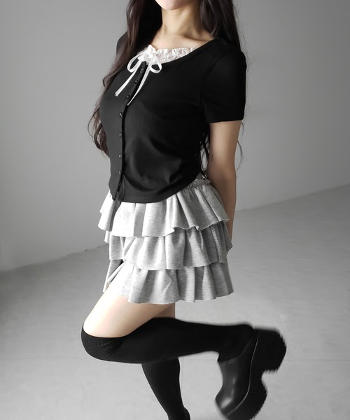me+em select(ミームセレクト)の「フロントリボンレースレイヤード半袖リブトップス /front ribbon lace layered short sleeve rib tops(その他トップス・レディース・ブラック/グレー・FREE)」の4枚目の写真