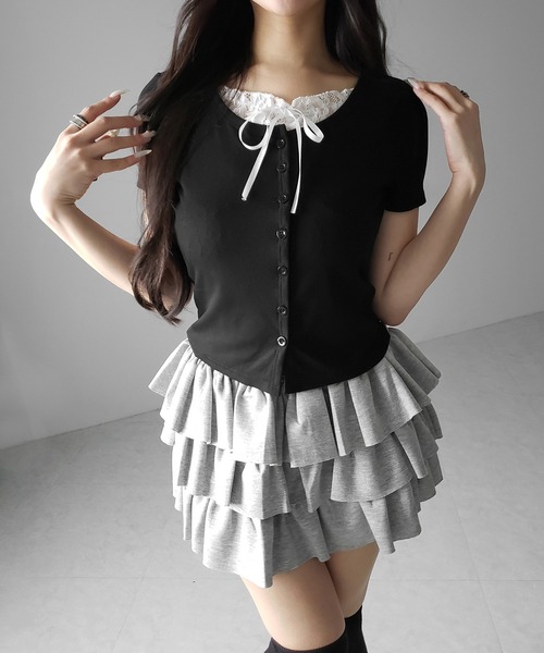 me+em select(ミームセレクト)の「フロントリボンレースレイヤード半袖リブトップス /front ribbon lace layered short sleeve rib tops(その他トップス・レディース・ブラック/グレー・FREE)」の5枚目の写真
