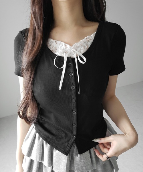 me+em select(ミームセレクト)の「フロントリボンレースレイヤード半袖リブトップス /front ribbon lace layered short sleeve rib tops(その他トップス・レディース・ブラック/グレー・FREE)」の6枚目の写真
