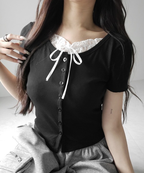 me+em select(ミームセレクト)の「フロントリボンレースレイヤード半袖リブトップス /front ribbon lace layered short sleeve rib tops(その他トップス・レディース・ブラック/グレー・FREE)」の7枚目の写真