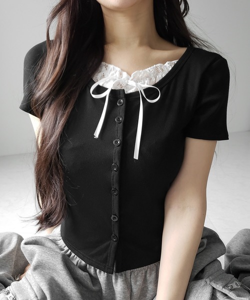 me+em select(ミームセレクト)の「フロントリボンレースレイヤード半袖リブトップス /front ribbon lace layered short sleeve rib tops(その他トップス・レディース・ブラック/グレー・FREE)」の9枚目の写真