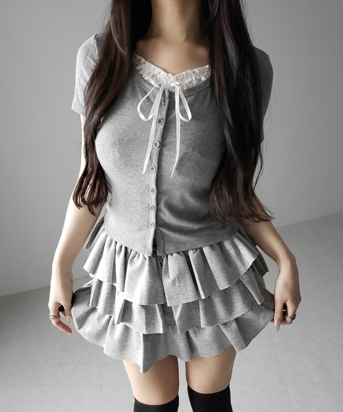 me+em select(ミームセレクト)の「フロントリボンレースレイヤード半袖リブトップス /front ribbon lace layered short sleeve rib tops(その他トップス・レディース・ブラック/グレー・FREE)」の21枚目の写真
