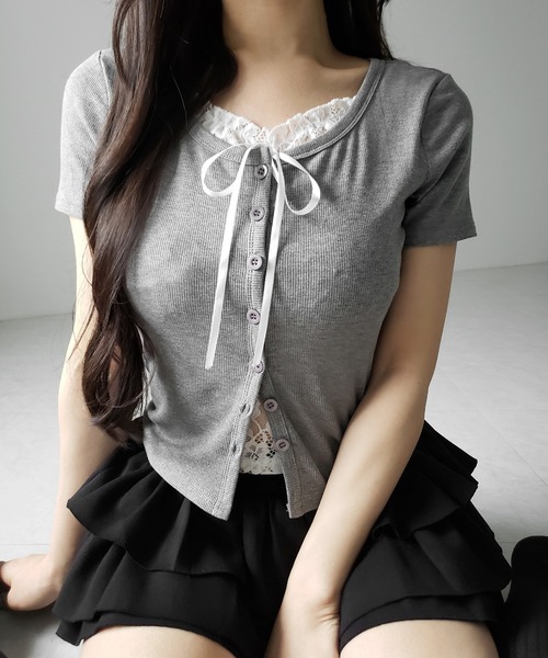 me+em select(ミームセレクト)の「フロントリボンレースレイヤード半袖リブトップス /front ribbon lace layered short sleeve rib tops(その他トップス・レディース・ブラック/グレー・FREE)」の10枚目の写真
