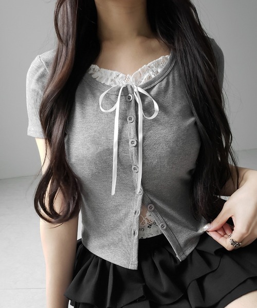 me+em select(ミームセレクト)の「フロントリボンレースレイヤード半袖リブトップス /front ribbon lace layered short sleeve rib tops(その他トップス・レディース・ブラック/グレー・FREE)」の15枚目の写真