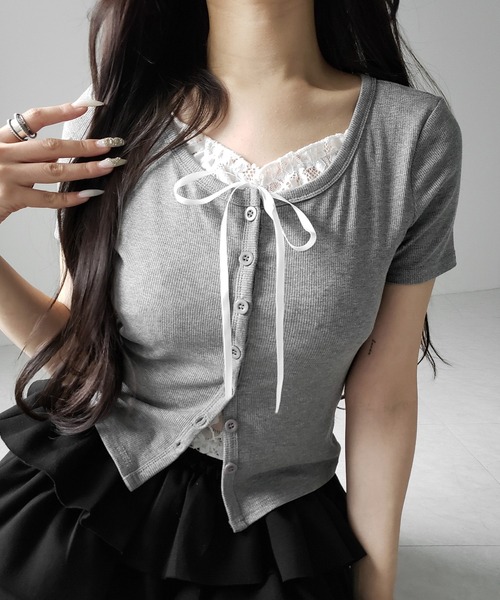 me+em select(ミームセレクト)の「フロントリボンレースレイヤード半袖リブトップス /front ribbon lace layered short sleeve rib tops(その他トップス・レディース・ブラック/グレー・FREE)」の14枚目の写真