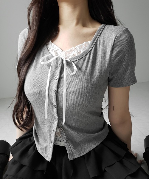 me+em select(ミームセレクト)の「フロントリボンレースレイヤード半袖リブトップス /front ribbon lace layered short sleeve rib tops(その他トップス・レディース・ブラック/グレー・FREE)」の16枚目の写真