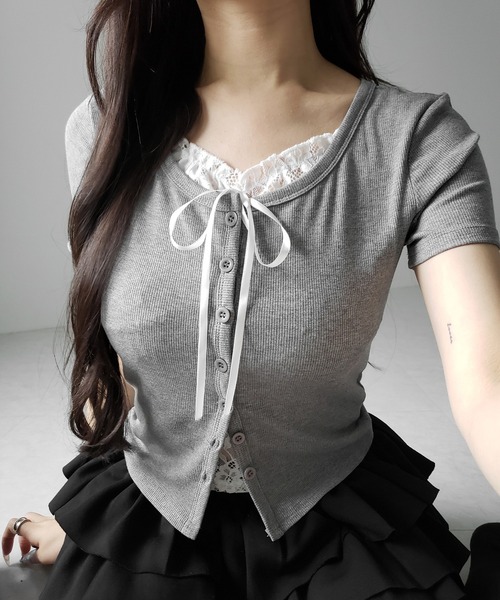 me+em select(ミームセレクト)の「フロントリボンレースレイヤード半袖リブトップス /front ribbon lace layered short sleeve rib tops(その他トップス・レディース・ブラック/グレー・FREE)」の17枚目の写真