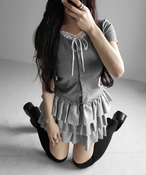 me+em select(ミームセレクト)の「フロントリボンレースレイヤード半袖リブトップス /front ribbon lace layered short sleeve rib tops(その他トップス・レディース・ブラック/グレー・FREE)」の18枚目の写真