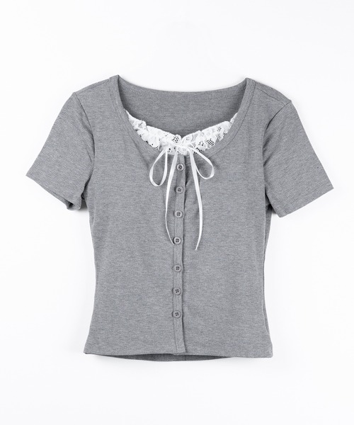 me+em select(ミームセレクト)の「フロントリボンレースレイヤード半袖リブトップス /front ribbon lace layered short sleeve rib tops(その他トップス・レディース・ブラック/グレー・FREE)」の22枚目の写真