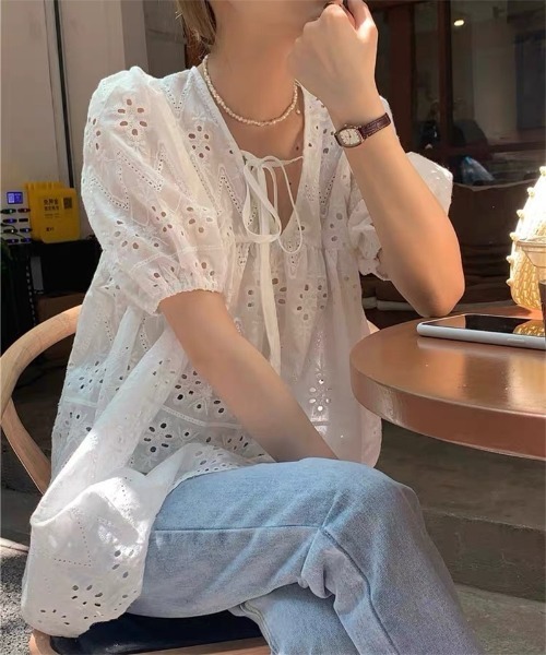 Ritzy（リッツィー）の「パフスリーブ レース 半袖チュニックワンピース（ワンピース・レディース・ホワイト・XL/L/M）」の10枚目の写真