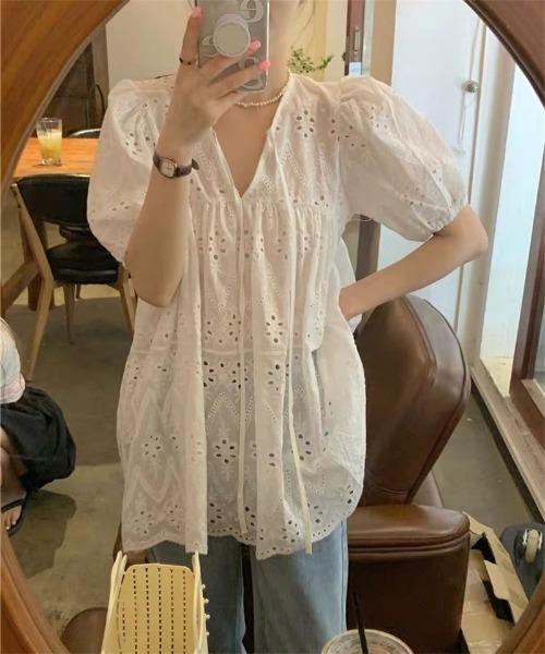 Ritzy（リッツィー）の「パフスリーブ レース 半袖チュニックワンピース（ワンピース・レディース・ホワイト・XL/L/M）」の7枚目の写真