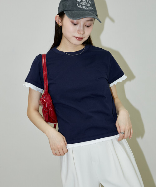 PUBLUX（パブリュクス）の「PUBLUX/パブリュクス レイヤード風 メロー Tシャツ　限定展開（Tシャツ/カットソー・レディース・ネイビー/ブラウン/チャコールグレー・ﾌﾘ-）」の11枚目の写真