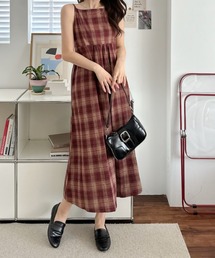 キャミワンピース チェック柄 フレアシルエット ロング丈 マキシ丈 Aライン スクエアネック 体型カバー 総柄 リゾート インナー重ね着 レイヤード 春夏