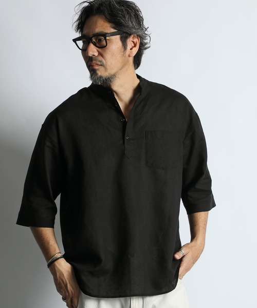 The DUFFER of ST.GEORGE（ザダファーオブセントジョージ）の「LINEN BLEND BAND COLLAR 3Q SHIRT：綿麻素材 7分袖 バンドカラーシャツ（シャツ/ブラウス・メンズ・チャコールグレー/ブラック/ネイビー/ホワイト・X-LARGE/LARGE/MEDIUM/SMALL）」の3枚目の写真