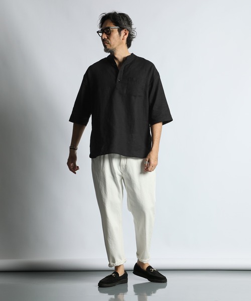 The DUFFER of ST.GEORGE（ザダファーオブセントジョージ）の「LINEN BLEND BAND COLLAR 3Q SHIRT：綿麻素材 7分袖 バンドカラーシャツ（シャツ/ブラウス・メンズ・チャコールグレー/ブラック/ネイビー/ホワイト・X-LARGE/LARGE/MEDIUM/SMALL）」の8枚目の写真