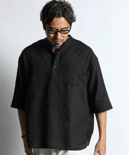 The DUFFER of ST.GEORGE（ザダファーオブセントジョージ）の「LINEN BLEND BAND COLLAR 3Q SHIRT：綿麻素材 7分袖 バンドカラーシャツ（シャツ/ブラウス・メンズ・チャコールグレー/ブラック/ネイビー/ホワイト・X-LARGE/LARGE/MEDIUM/SMALL）」の7枚目の写真