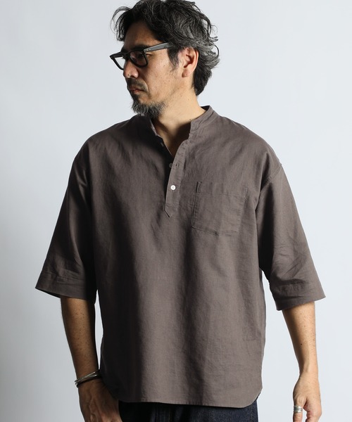 The DUFFER of ST.GEORGE（ザダファーオブセントジョージ）の「LINEN BLEND BAND COLLAR 3Q SHIRT：綿麻素材 7分袖 バンドカラーシャツ（シャツ/ブラウス・メンズ・チャコールグレー/ブラック/ネイビー/ホワイト・X-LARGE/LARGE/MEDIUM/SMALL）」の9枚目の写真